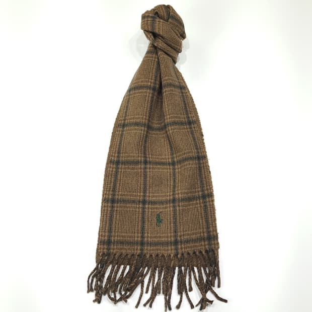 MX401 폴로 랄프 로렌 브라운 글렌 체크 & 헤링본 양면 프린지 머