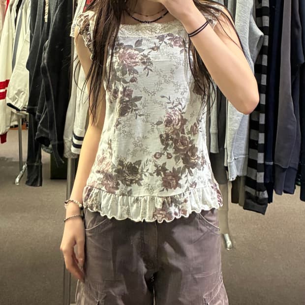 L)Japanese vintage 여성 플라워 패턴 레이스 나시
