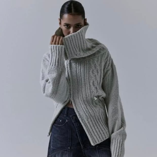 트리밍버드 투웨이 언발란스 오프숄더 니트 집업