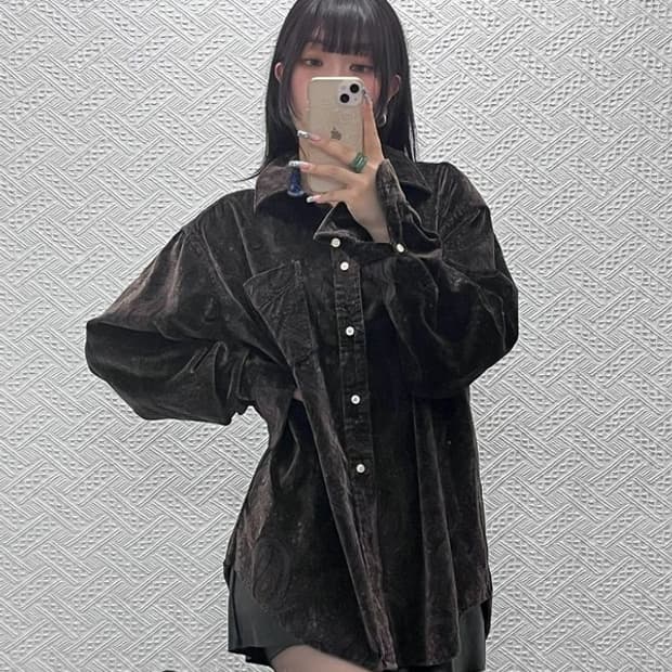 타미힐피거 컨트리 보헤미안 히피 페이즐리 벨벳 셔츠 L C12593