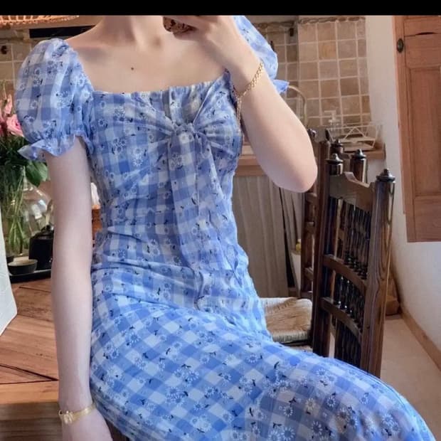 블루 체크 데이지 포인트 여름원피스 퍼프소매 휴양지원피스