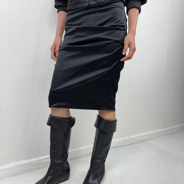 SATIN SHIRRED MIDI SKIRT