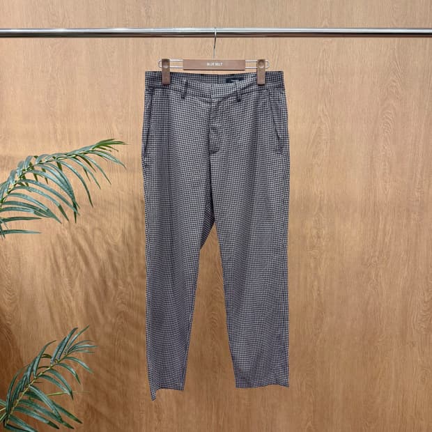 띠어리 체크 슬랙스 팬츠 하운드투스 패턴 디테일 슬림핏 브라운