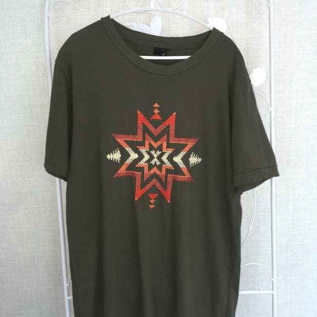 jpn vintage  자수 카키 반팔391 