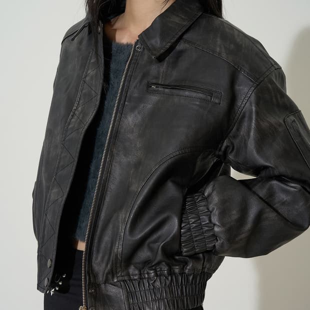 일리고 워시드 레더 봄버 자켓 블랙 M