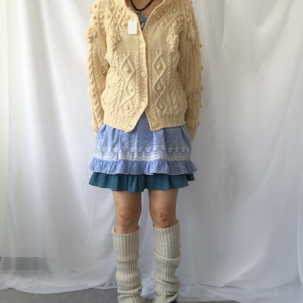 Pom pom woolen knit hood cardigan