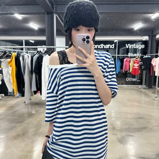 베이프 네이비&화이트 스트라이프 반팔 티셔츠