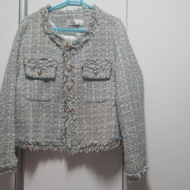 스카이블루 하늘색 트위드 라운드넥카라 프린지 자켓 가디건