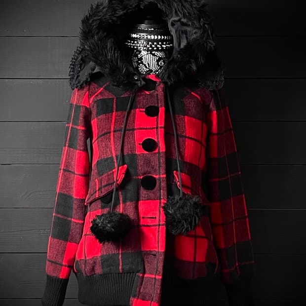 TRALALA 트랄랄라 펑크 퍼 레드 체크 패턴 큐롯 자켓 코트
