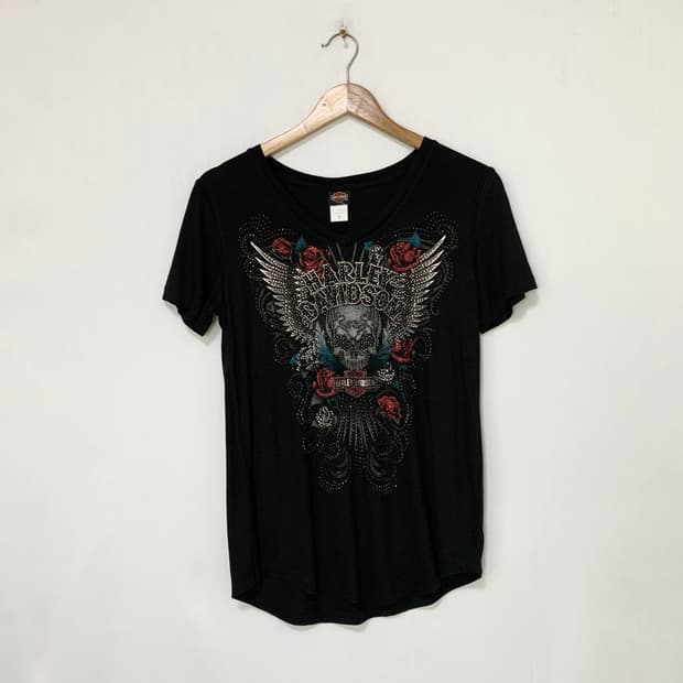 할리데이비슨 y2k 블랙 스컬 큐빅 펑크 프린팅 브이넥 반팔 티셔츠