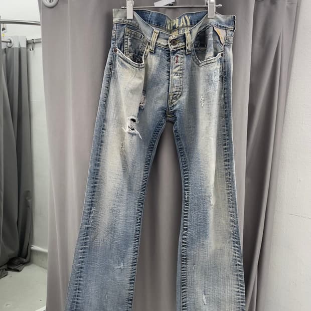 아이스 워싱 데미지 데님진 