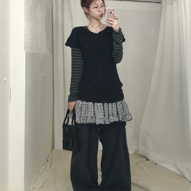 빈티지 블랙 너드 데일리 니혼진 코디 세트