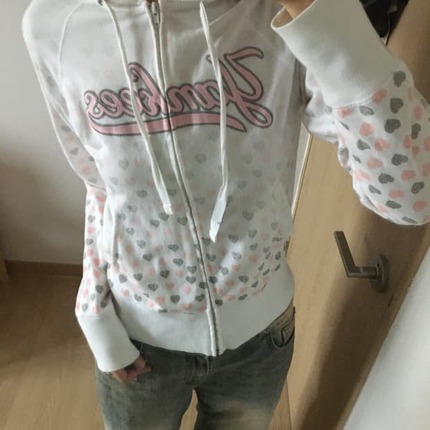 핑크 그레이 하트 후드집업 갸루 스포티 빈티지
