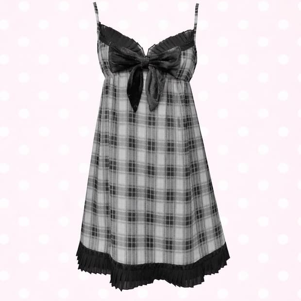 히메갸루 벨벳 리본 체크 원피스