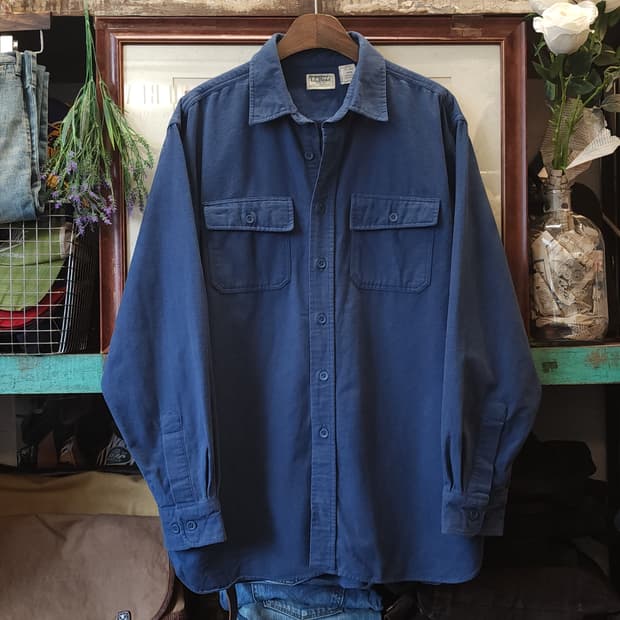 90s 엘엘빈 워크셔츠 헤비코튼 투포켓 샤모아 셔츠 오크 페이딩 블루 L
