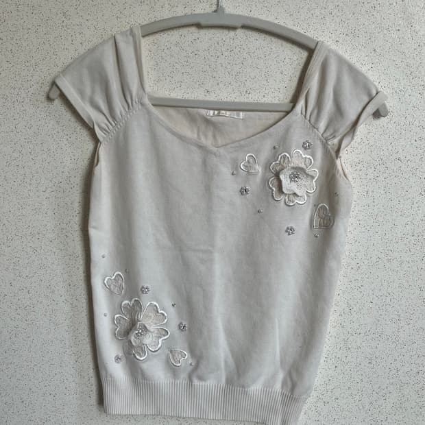 Jpn vtg 큐빅 플라워 반팔 블라우스