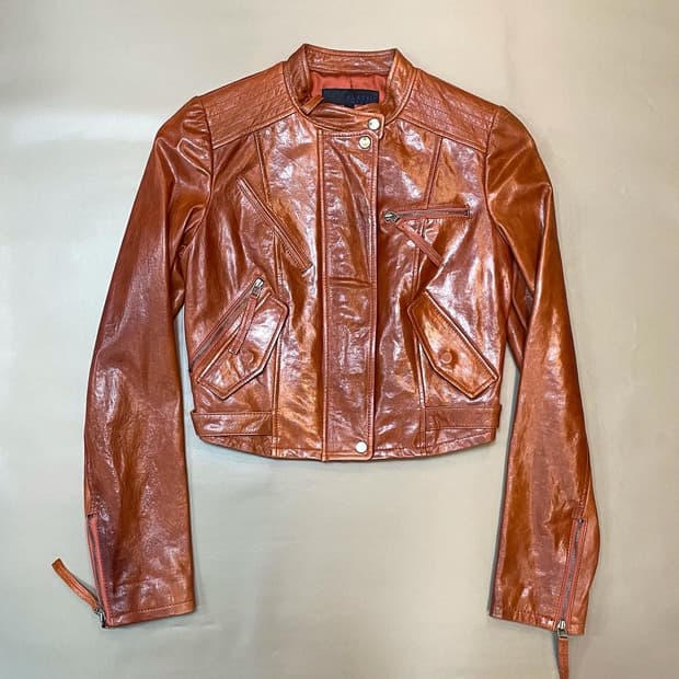 플라스틱아일랜드) 양가죽 레드오렌지 크롭 라이더자켓(S