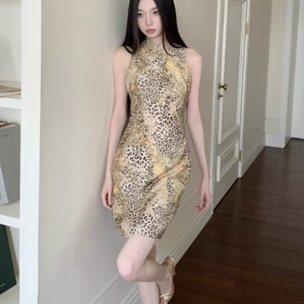 레오파드 미니 원피스 치파오 갸루 오리엔탈