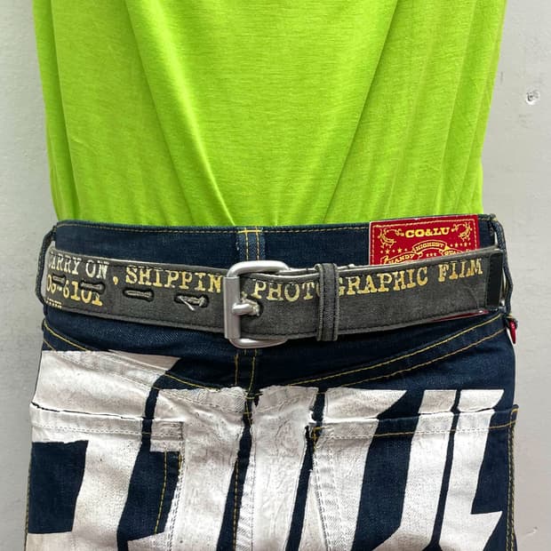 Yellow lettering denim belt 