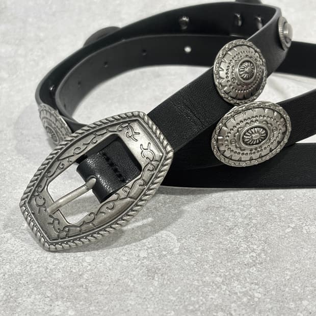 Oribell 엔틱 크롬 스터드 버클 가죽 웨스턴 슬림 벨트 블랙