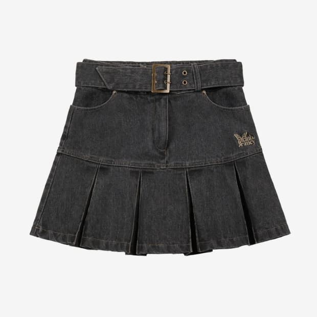 팬시클럽 데님 플리츠 벨트 스커트