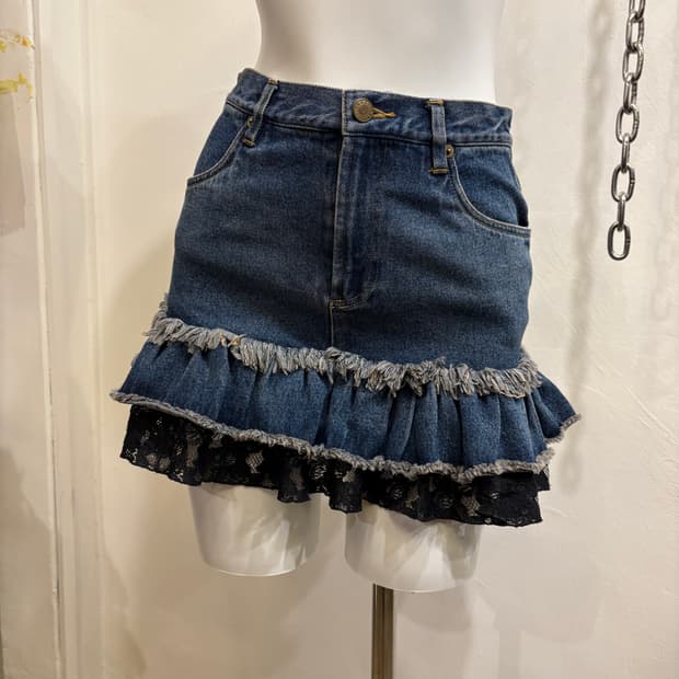 레이스 레이어드 그런지 디테일 데님 스커트