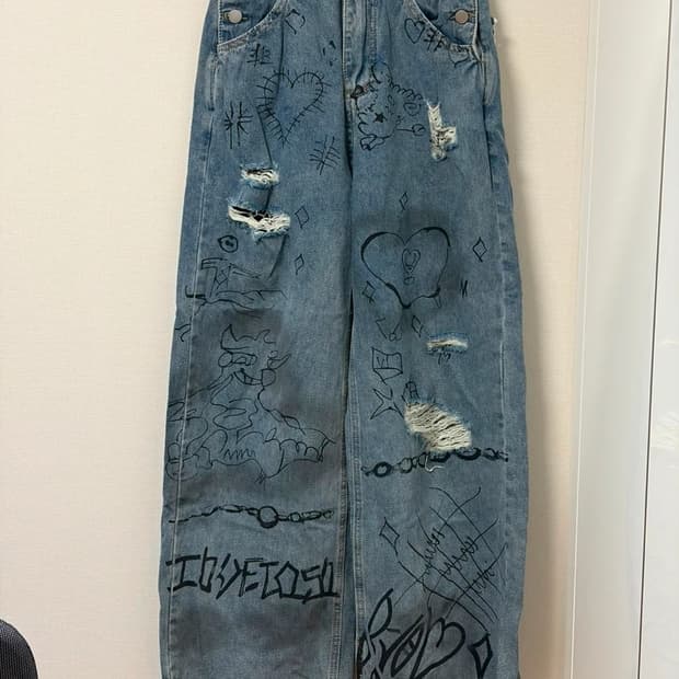 프린팅 와이드청 데미지 유니크 데님 청바지