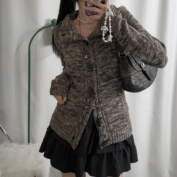 브라운 오레오 더플 후드 가디건 