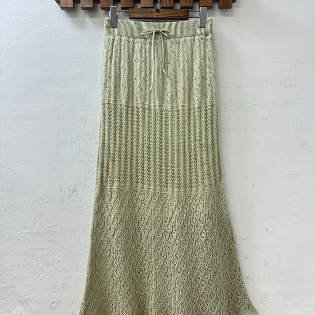 일본빈티지 세이지 그린 펀칭 썸머니트 머메이드 롱 스커트 밴딩 스트링조절