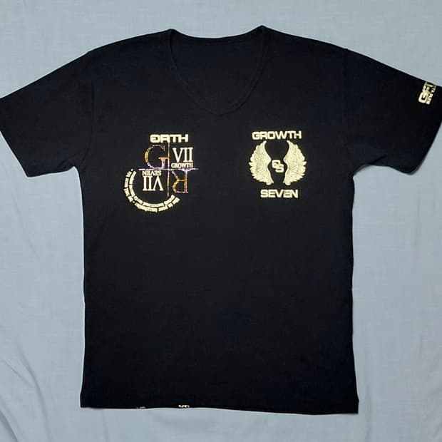 [S/90] GROWTH SEVEN 큐빅 골드 그래픽 빅로고 브이넥 티