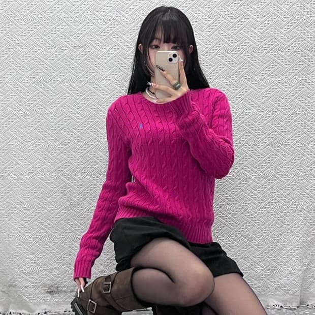 폴로 랄프로렌 Y2K 레트로 핫핑크 꽈배기 케이블 니트 M C10679