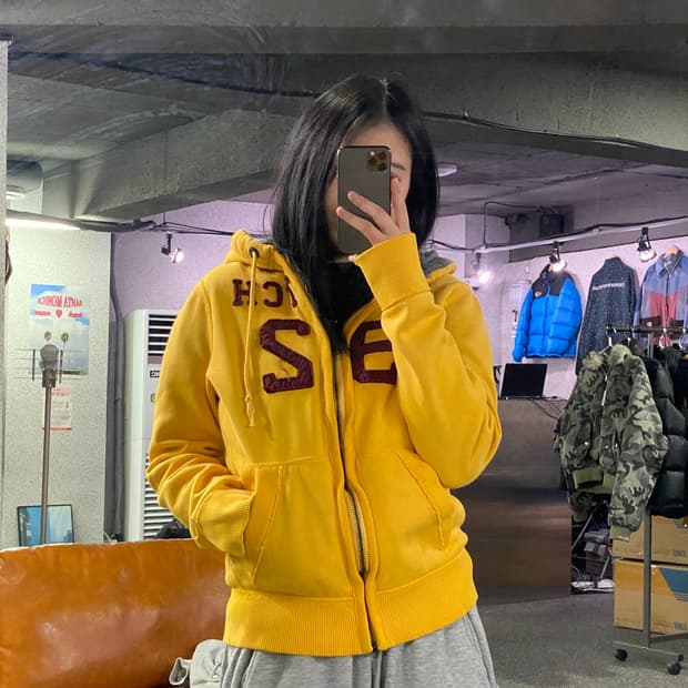 아베크롬비 머슬핏 자수 로고 머스타드 후드집업 B3600