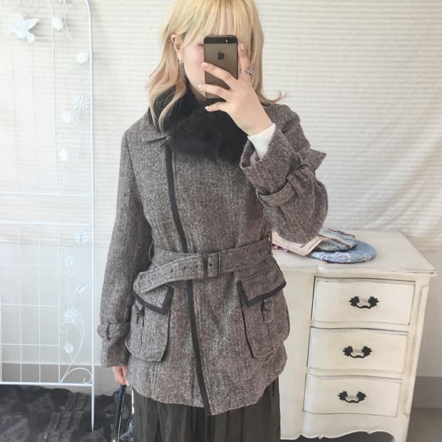  brown herringbone furcollar belted coat
