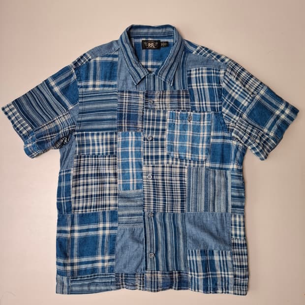 L 사이즈 RRL 인디고 블루 패치워크 반팔 셔츠입니다. 독특한 패치워크