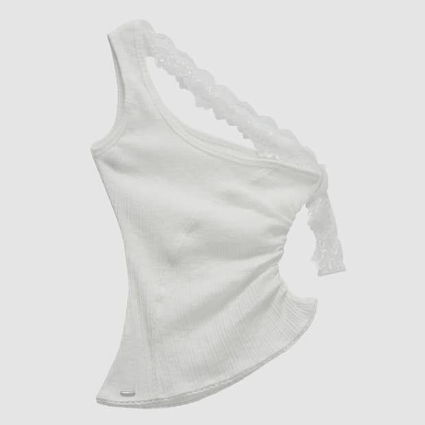 에트오소메 Lace One-Shoulder Shirring Top