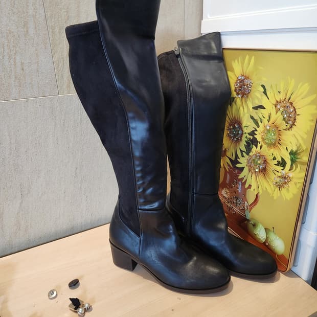 블랙 가죽+스웨이드 롱부츠✨ 니하이 라인 완벽
235