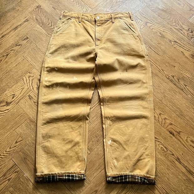 [34]칼하트 USA 체크 라이닝 빈티지 페인팅 브라운 싱글니 워크 팬츠