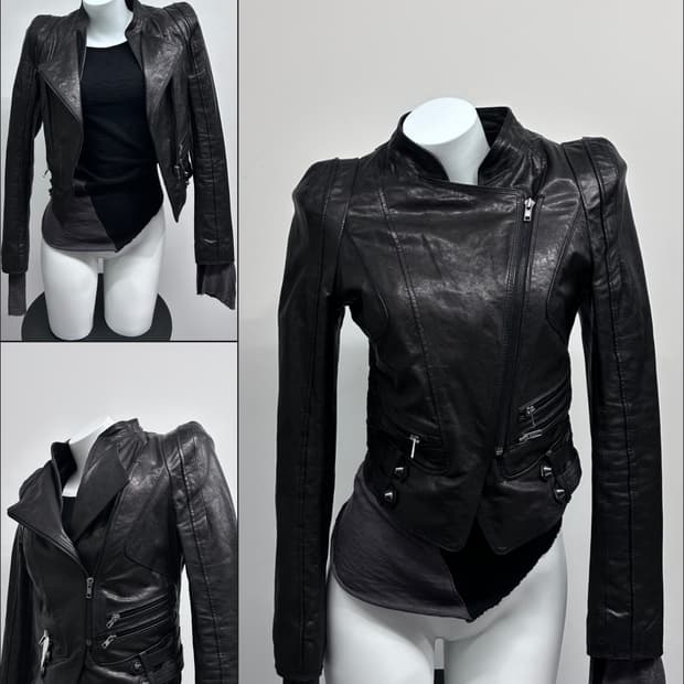 멀티 지퍼 사선 크롭 램스킨 자켓