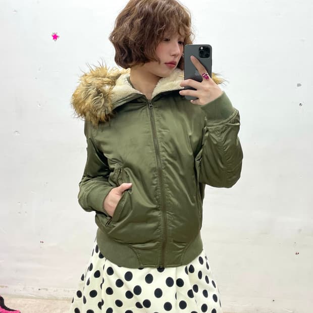 Glossy khaki big hoodie padded jacket 