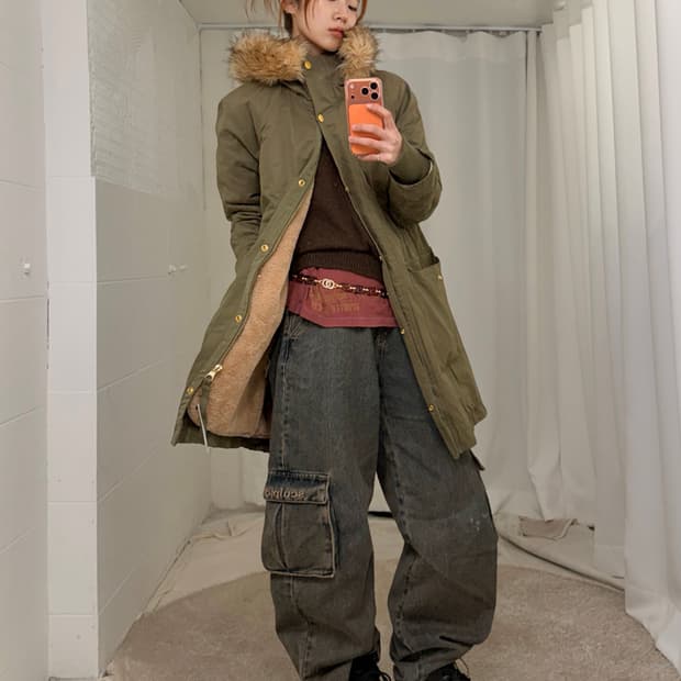 빈티지 카키 퍼 안감 야상 자켓