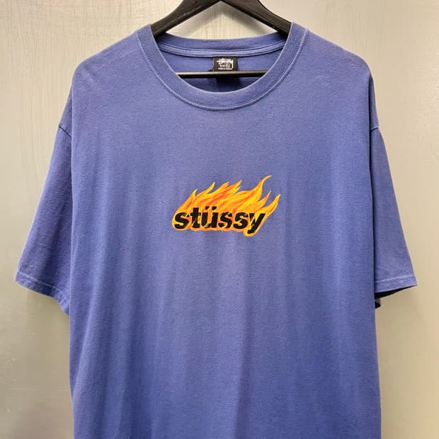 Stussy 스투시 블루 플레임 로고 반소매 티셔츠