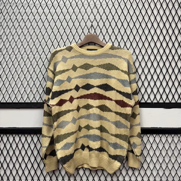 ITA VTG 기하학 패턴 울 니트 스웨터 라운드넥 멀티컬러