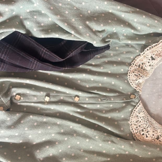 민트 도트 가디건 +초코체크 스커트 세트