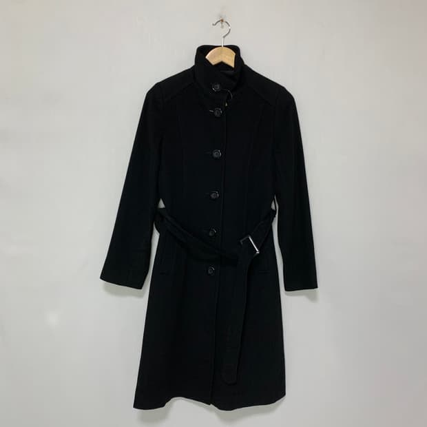 일본 빈티지 하이넥 블랙 벨트 캐시미어 100% 여성 코트