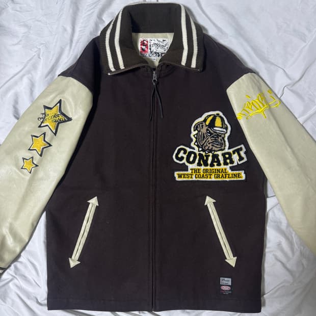 Conart 그래피티 패치 울 레더 바시티 자켓 스트릿 올드스쿨