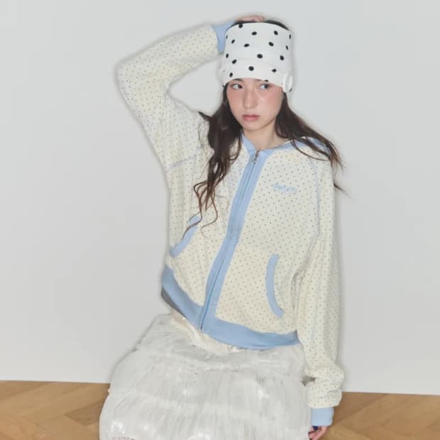 샤키리 테리 도트 래글런 후디 (크림/블루)