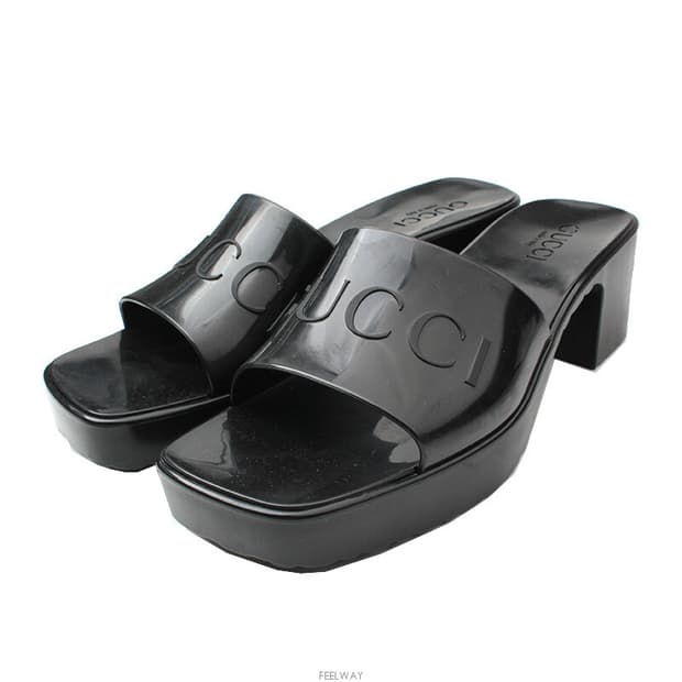 구찌 블랙 젤리 로고 청키 힐 뮬 38