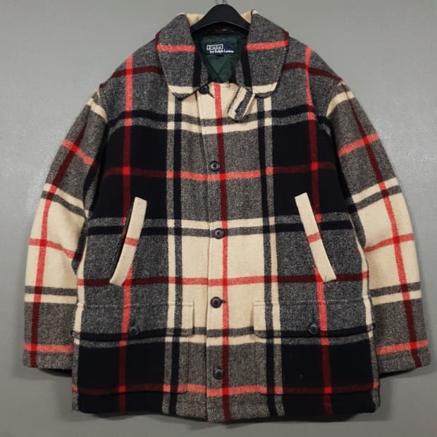 실측 XL) 폴로 랄프로렌 90s 타탄체크 울 필드 자켓 하프 코트 희귀