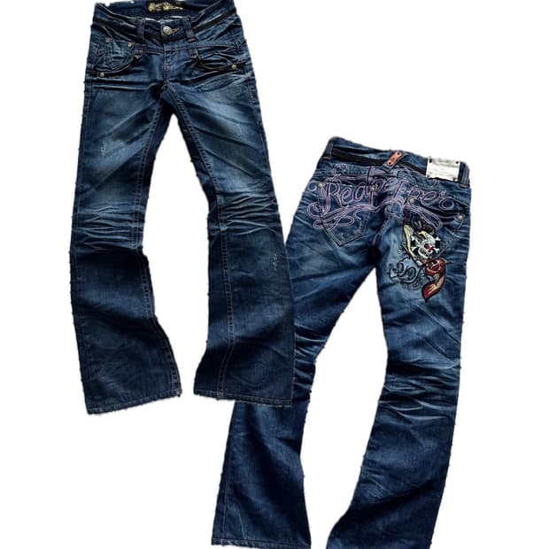 레드페퍼 해골 백패치 로우라이즈 부츠컷 데님팬츠 y2k 펑크