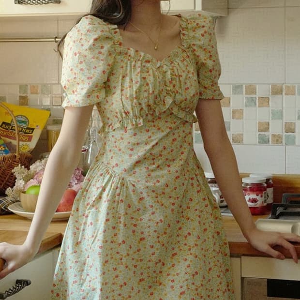 플로움 플라워 퍼프 미니 원피스